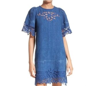 Sea New York Battenburg Lace Linen Dress Blue 6